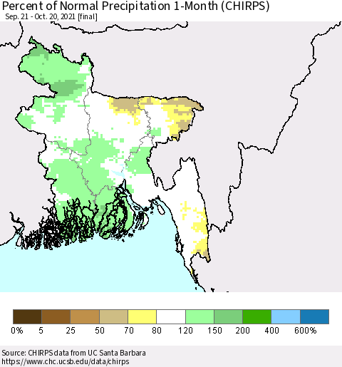 Bangladesh Percent of Normal Precipitation 1-Month (CHIRPS) Thematic Map For 9/21/2021 - 10/20/2021