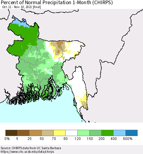 Bangladesh Percent of Normal Precipitation 1-Month (CHIRPS) Thematic Map For 10/11/2021 - 11/10/2021