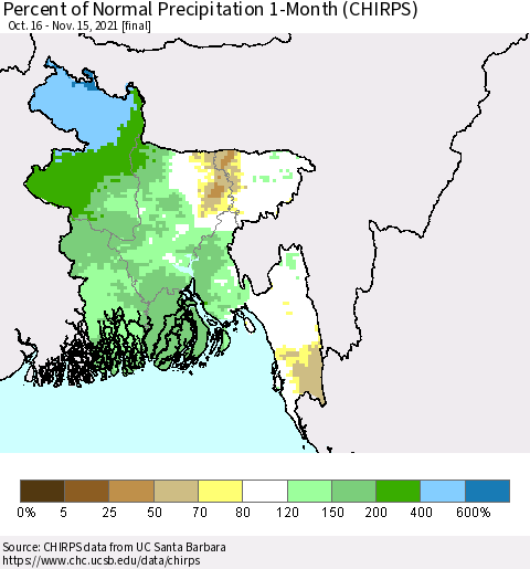 Bangladesh Percent of Normal Precipitation 1-Month (CHIRPS) Thematic Map For 10/16/2021 - 11/15/2021