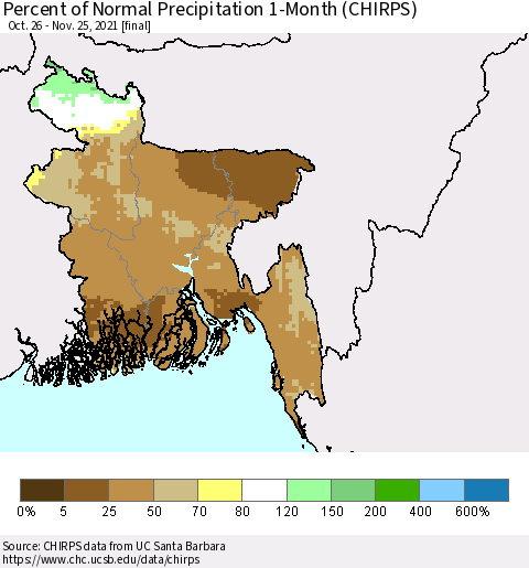 Bangladesh Percent of Normal Precipitation 1-Month (CHIRPS) Thematic Map For 10/26/2021 - 11/25/2021
