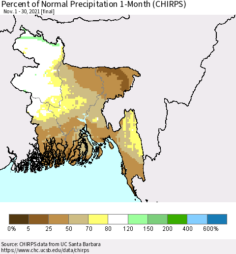 Bangladesh Percent of Normal Precipitation 1-Month (CHIRPS) Thematic Map For 11/1/2021 - 11/30/2021