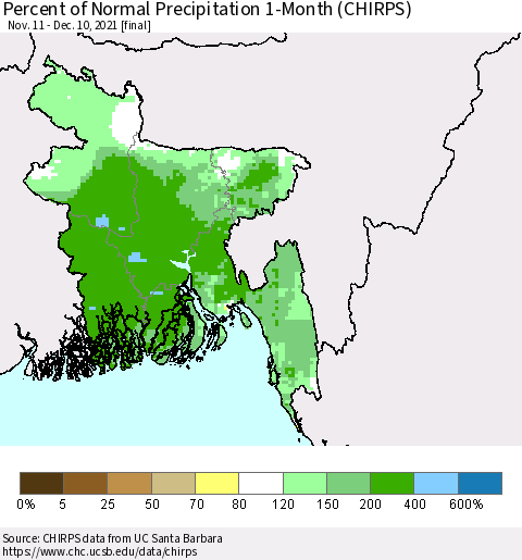 Bangladesh Percent of Normal Precipitation 1-Month (CHIRPS) Thematic Map For 11/11/2021 - 12/10/2021