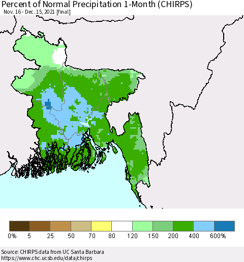 Bangladesh Percent of Normal Precipitation 1-Month (CHIRPS) Thematic Map For 11/16/2021 - 12/15/2021