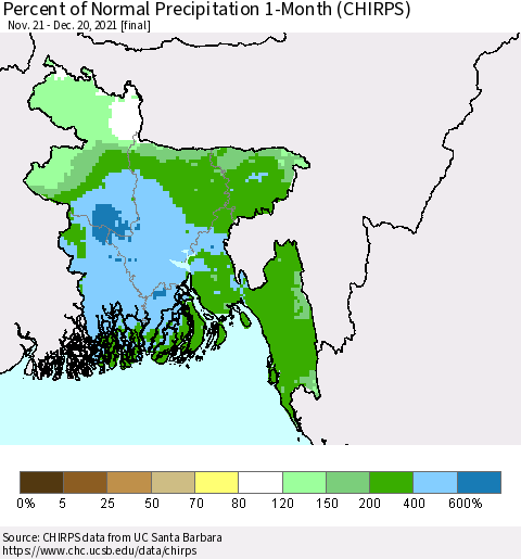 Bangladesh Percent of Normal Precipitation 1-Month (CHIRPS) Thematic Map For 11/21/2021 - 12/20/2021