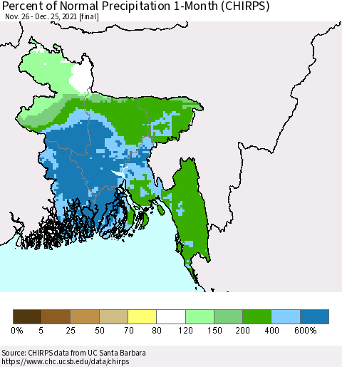 Bangladesh Percent of Normal Precipitation 1-Month (CHIRPS) Thematic Map For 11/26/2021 - 12/25/2021