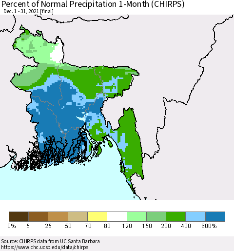 Bangladesh Percent of Normal Precipitation 1-Month (CHIRPS) Thematic Map For 12/1/2021 - 12/31/2021