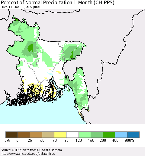 Bangladesh Percent of Normal Precipitation 1-Month (CHIRPS) Thematic Map For 12/11/2021 - 1/10/2022