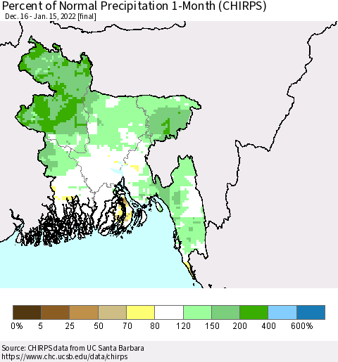 Bangladesh Percent of Normal Precipitation 1-Month (CHIRPS) Thematic Map For 12/16/2021 - 1/15/2022