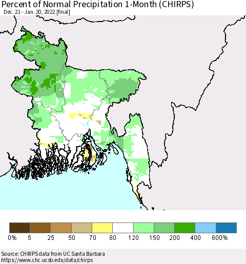Bangladesh Percent of Normal Precipitation 1-Month (CHIRPS) Thematic Map For 12/21/2021 - 1/20/2022