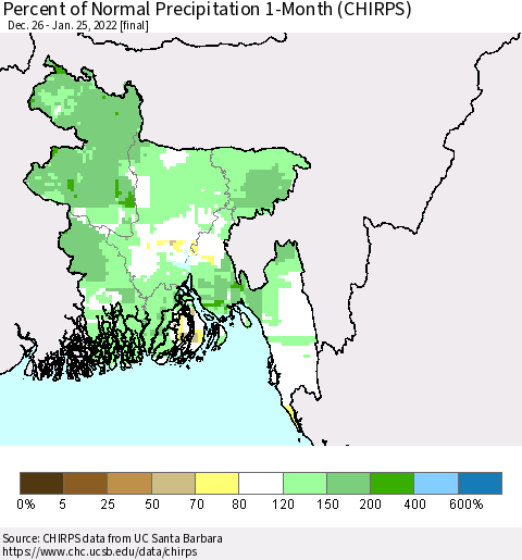 Bangladesh Percent of Normal Precipitation 1-Month (CHIRPS) Thematic Map For 12/26/2021 - 1/25/2022
