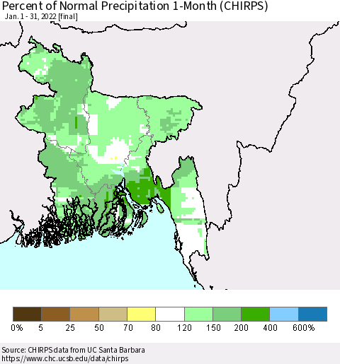 Bangladesh Percent of Normal Precipitation 1-Month (CHIRPS) Thematic Map For 1/1/2022 - 1/31/2022