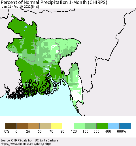 Bangladesh Percent of Normal Precipitation 1-Month (CHIRPS) Thematic Map For 1/11/2022 - 2/10/2022
