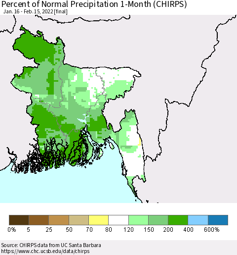 Bangladesh Percent of Normal Precipitation 1-Month (CHIRPS) Thematic Map For 1/16/2022 - 2/15/2022