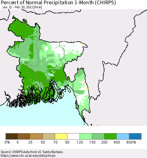 Bangladesh Percent of Normal Precipitation 1-Month (CHIRPS) Thematic Map For 1/21/2022 - 2/20/2022