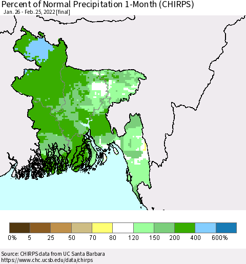 Bangladesh Percent of Normal Precipitation 1-Month (CHIRPS) Thematic Map For 1/26/2022 - 2/25/2022