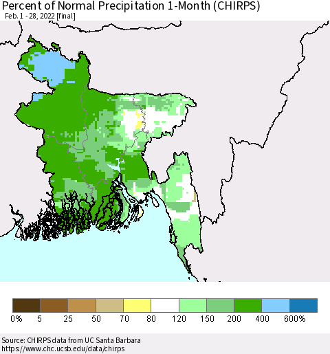Bangladesh Percent of Normal Precipitation 1-Month (CHIRPS) Thematic Map For 2/1/2022 - 2/28/2022