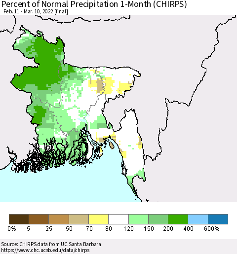 Bangladesh Percent of Normal Precipitation 1-Month (CHIRPS) Thematic Map For 2/11/2022 - 3/10/2022