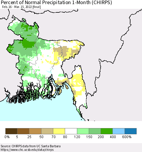 Bangladesh Percent of Normal Precipitation 1-Month (CHIRPS) Thematic Map For 2/16/2022 - 3/15/2022