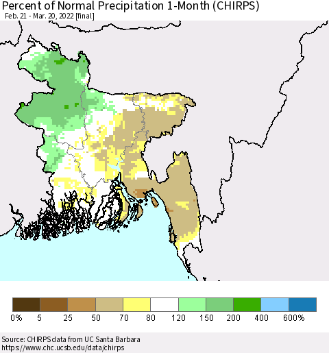 Bangladesh Percent of Normal Precipitation 1-Month (CHIRPS) Thematic Map For 2/21/2022 - 3/20/2022