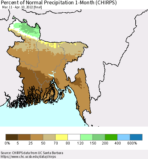 Bangladesh Percent of Normal Precipitation 1-Month (CHIRPS) Thematic Map For 3/11/2022 - 4/10/2022