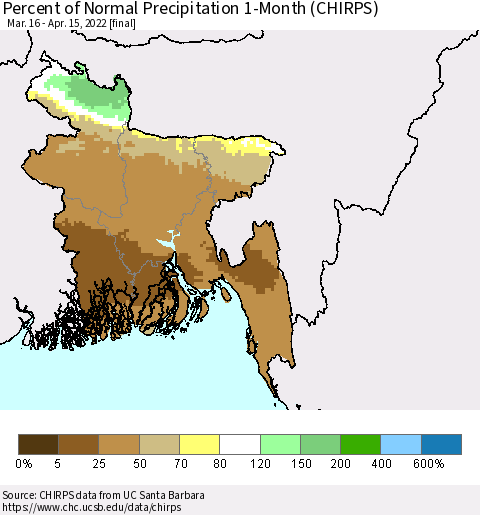 Bangladesh Percent of Normal Precipitation 1-Month (CHIRPS) Thematic Map For 3/16/2022 - 4/15/2022