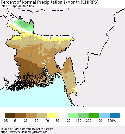 Bangladesh Percent of Normal Precipitation 1-Month (CHIRPS) Thematic Map For 3/21/2022 - 4/20/2022