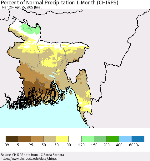 Bangladesh Percent of Normal Precipitation 1-Month (CHIRPS) Thematic Map For 3/26/2022 - 4/25/2022