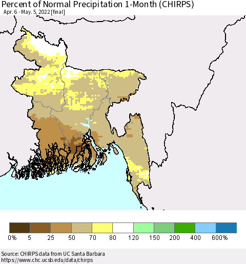 Bangladesh Percent of Normal Precipitation 1-Month (CHIRPS) Thematic Map For 4/6/2022 - 5/5/2022