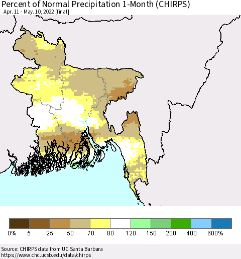 Bangladesh Percent of Normal Precipitation 1-Month (CHIRPS) Thematic Map For 4/11/2022 - 5/10/2022
