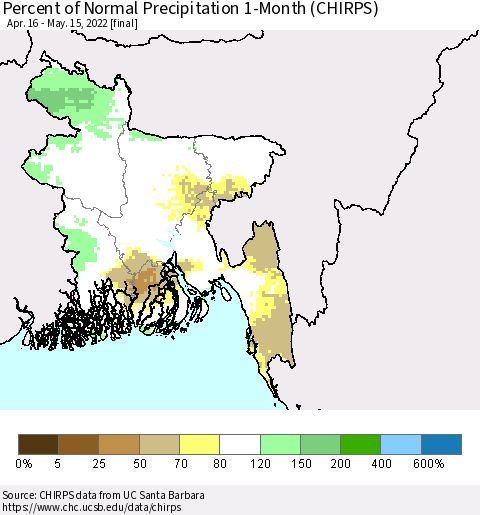 Bangladesh Percent of Normal Precipitation 1-Month (CHIRPS) Thematic Map For 4/16/2022 - 5/15/2022