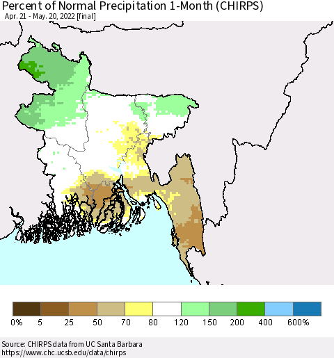 Bangladesh Percent of Normal Precipitation 1-Month (CHIRPS) Thematic Map For 4/21/2022 - 5/20/2022