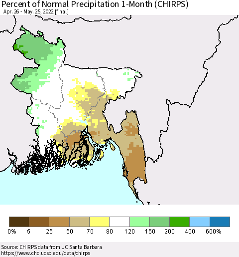 Bangladesh Percent of Normal Precipitation 1-Month (CHIRPS) Thematic Map For 4/26/2022 - 5/25/2022