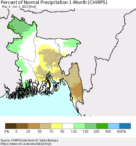 Bangladesh Percent of Normal Precipitation 1-Month (CHIRPS) Thematic Map For 5/6/2022 - 6/5/2022