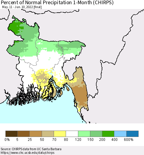 Bangladesh Percent of Normal Precipitation 1-Month (CHIRPS) Thematic Map For 5/11/2022 - 6/10/2022