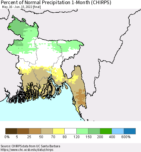Bangladesh Percent of Normal Precipitation 1-Month (CHIRPS) Thematic Map For 5/16/2022 - 6/15/2022