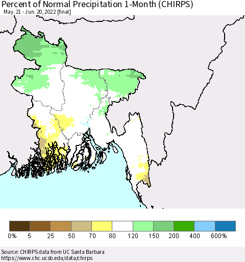 Bangladesh Percent of Normal Precipitation 1-Month (CHIRPS) Thematic Map For 5/21/2022 - 6/20/2022
