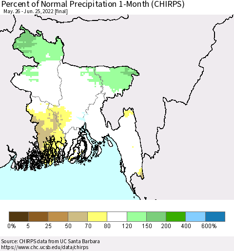 Bangladesh Percent of Normal Precipitation 1-Month (CHIRPS) Thematic Map For 5/26/2022 - 6/25/2022