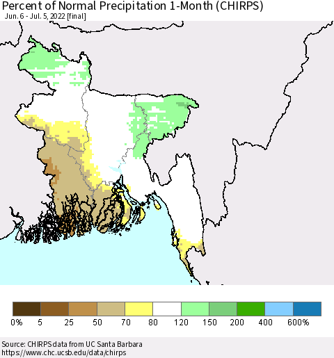 Bangladesh Percent of Normal Precipitation 1-Month (CHIRPS) Thematic Map For 6/6/2022 - 7/5/2022