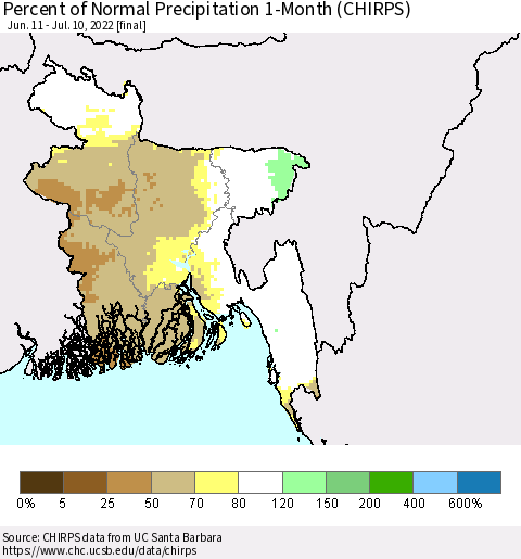 Bangladesh Percent of Normal Precipitation 1-Month (CHIRPS) Thematic Map For 6/11/2022 - 7/10/2022