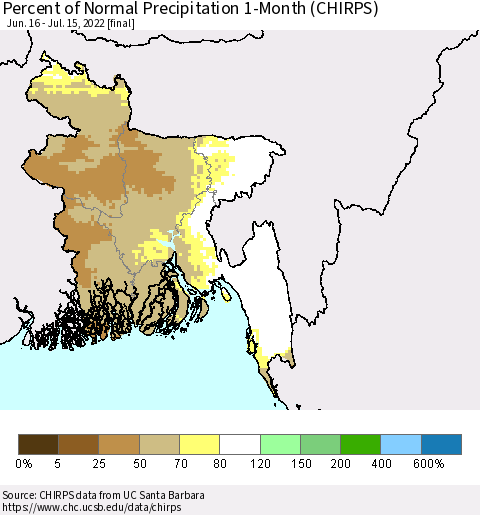Bangladesh Percent of Normal Precipitation 1-Month (CHIRPS) Thematic Map For 6/16/2022 - 7/15/2022