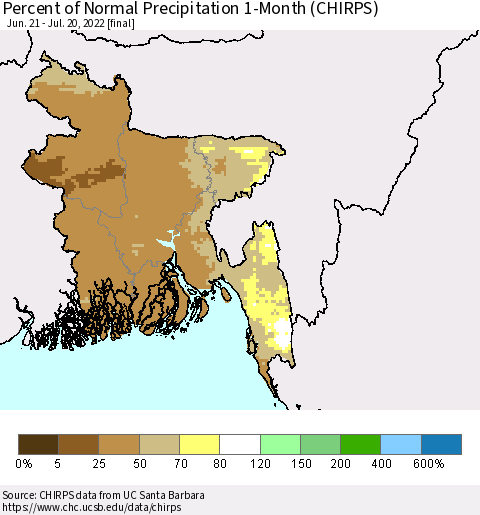 Bangladesh Percent of Normal Precipitation 1-Month (CHIRPS) Thematic Map For 6/21/2022 - 7/20/2022