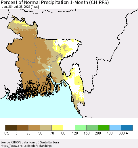 Bangladesh Percent of Normal Precipitation 1-Month (CHIRPS) Thematic Map For 6/26/2022 - 7/25/2022