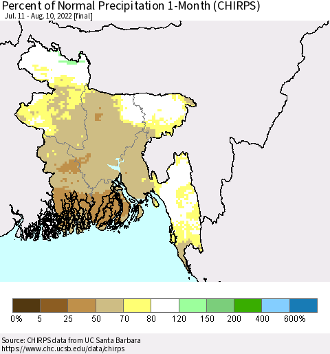 Bangladesh Percent of Normal Precipitation 1-Month (CHIRPS) Thematic Map For 7/11/2022 - 8/10/2022