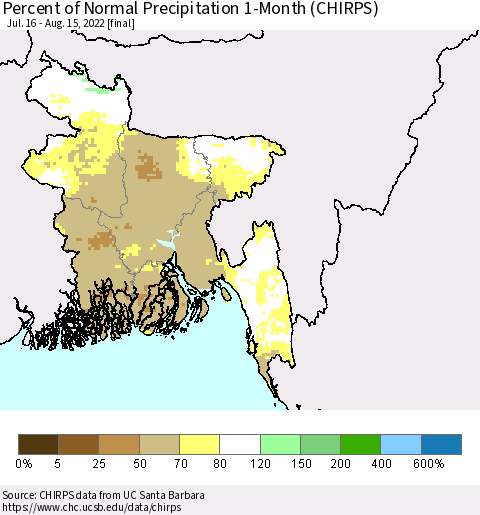 Bangladesh Percent of Normal Precipitation 1-Month (CHIRPS) Thematic Map For 7/16/2022 - 8/15/2022