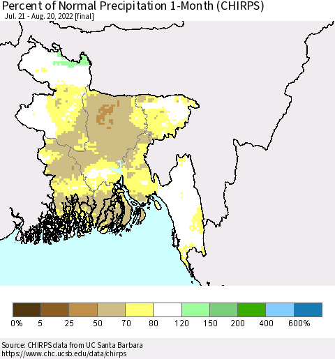 Bangladesh Percent of Normal Precipitation 1-Month (CHIRPS) Thematic Map For 7/21/2022 - 8/20/2022