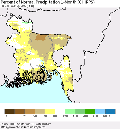 Bangladesh Percent of Normal Precipitation 1-Month (CHIRPS) Thematic Map For 7/26/2022 - 8/25/2022