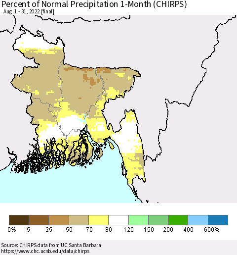 Bangladesh Percent of Normal Precipitation 1-Month (CHIRPS) Thematic Map For 8/1/2022 - 8/31/2022
