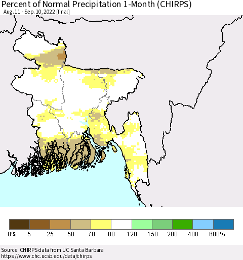 Bangladesh Percent of Normal Precipitation 1-Month (CHIRPS) Thematic Map For 8/11/2022 - 9/10/2022