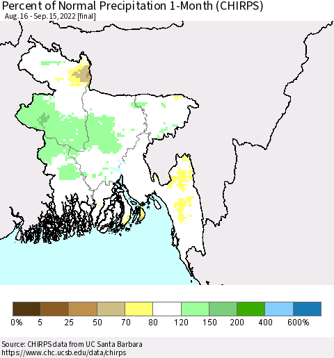 Bangladesh Percent of Normal Precipitation 1-Month (CHIRPS) Thematic Map For 8/16/2022 - 9/15/2022