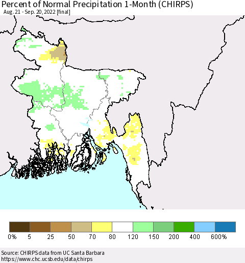 Bangladesh Percent of Normal Precipitation 1-Month (CHIRPS) Thematic Map For 8/21/2022 - 9/20/2022